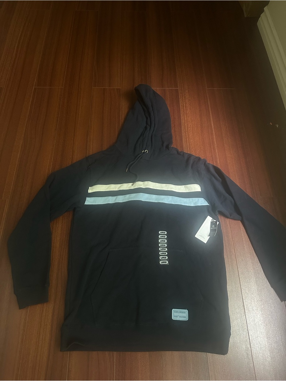 Rip Curl Men's Navy Hoodie with White and Light Blue Stripes